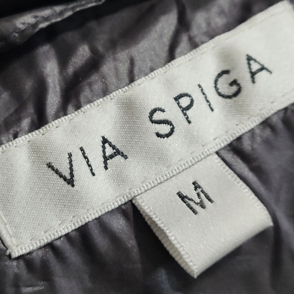 Via Spiga Swirl Down Charcoal Puffer Coat Size M Full Zip Hooded Long Quilted - Picture 6 of 8